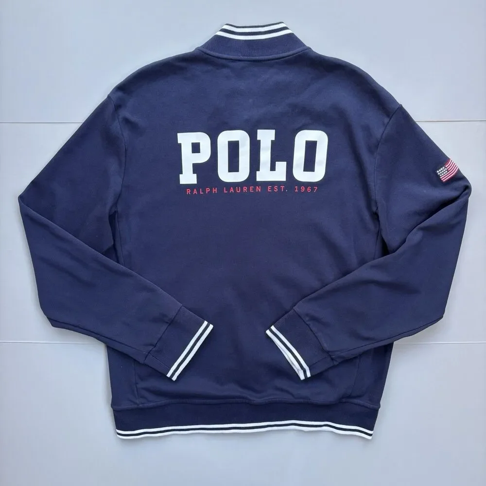Polo Ralph Lauren Jacket Men Large Navy Track Full Zip USA Flag Pony Preppy